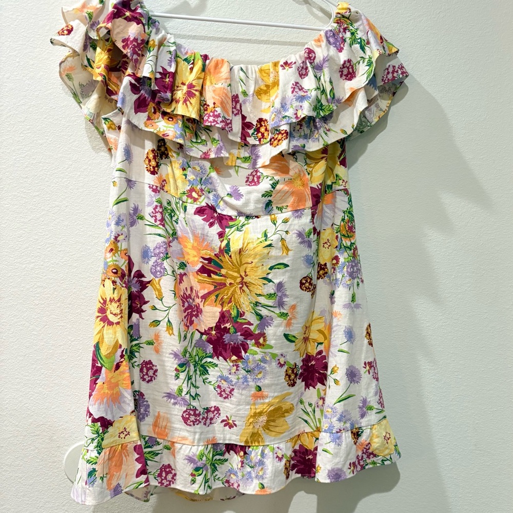H&M Floral Linen Blend Off-the-Shoulder Ruffle Mini Dress XXL